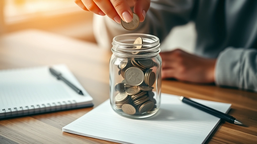 Close-up of hands placing coins into a clear glass jar on a wooden desk, surrounded by a notebook and pen, representing savings growth and intentional money-saving habits, warm natural lighting