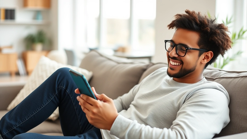 Young adult checking phone for banking app notification, sitting on a comfortable couch in a bright living room, smiling and confident expression, modern minimalist home decor