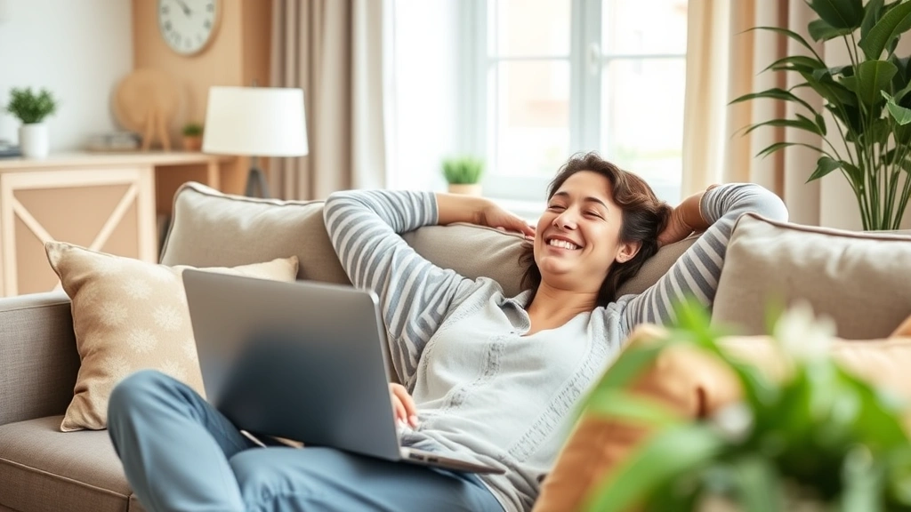 Person relaxing on a couch with a laptop, smiling confidently, in a comfortable living room environment, representing financial peace of mind and stress-free money management, natural window lighting