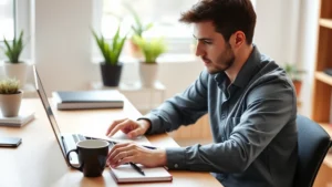Young professional reviewing budget on laptop with coffee and notebook on desk, natural lighting, organized workspace with plants, focused expression, financial planning scene
