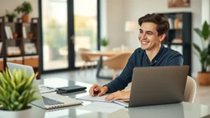 A young professional sitting at a desk with a laptop and notepad, smiling while reviewing financial documents and planning goals in a bright, modern home office