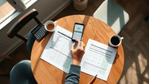 Overhead shot of a person sitting at a kitchen table with a budget worksheet, calculator, coffee cup, and phone showing banking app, natural daylight streaming through window