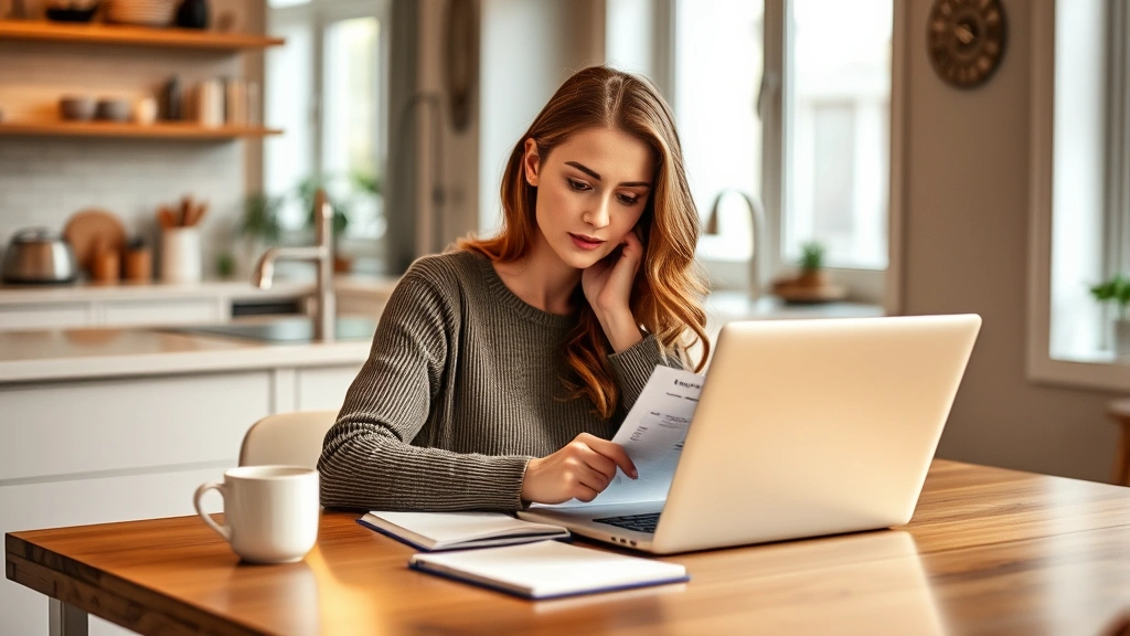 Woman sitting at a modern kitchen table with a laptop and notebook, reviewing monthly finances with a focused, determined expression. Warm lighting, coffee cup nearby, peaceful home environment