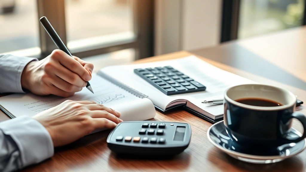 Close-up of hands writing financial notes in a journal with a calculator and coffee cup on a wooden desk, sunlight streaming through a window