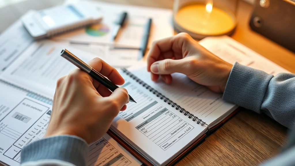 Close-up of hands writing in a financial planning notebook while reviewing bank statements and bills spread on a desk, warm lamp lighting