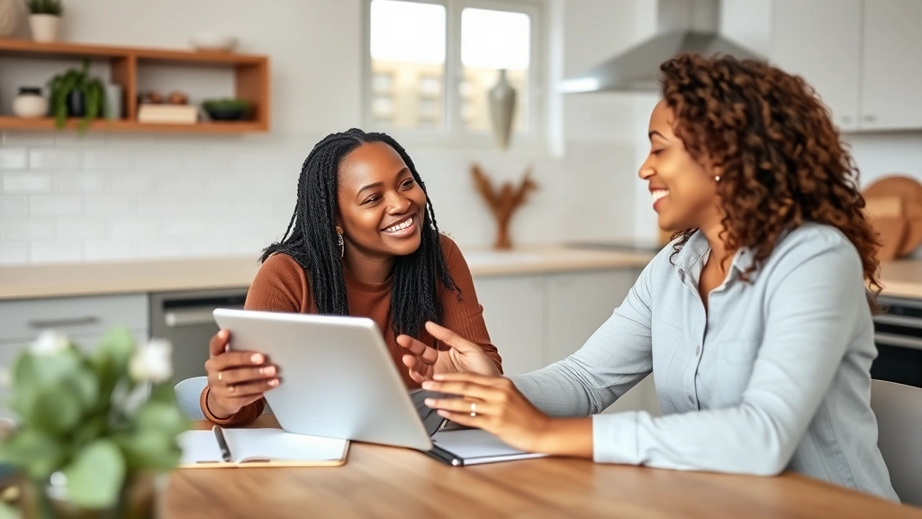 A diverse couple having a relaxed conversation at a kitchen table with a tablet and notebook, discussing their financial future with optimistic expressions