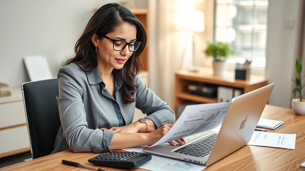 Professional woman reviewing investment portfolio on laptop at home office desk with retirement planning documents, graphs, and calculator visible, focused and confident expression