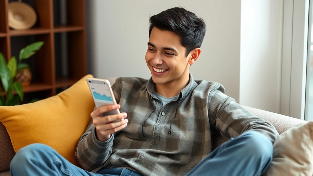 Young professional sitting on a couch looking at their smartphone with a satisfied smile, financial app visible on screen showing positive budget progress and savings chart