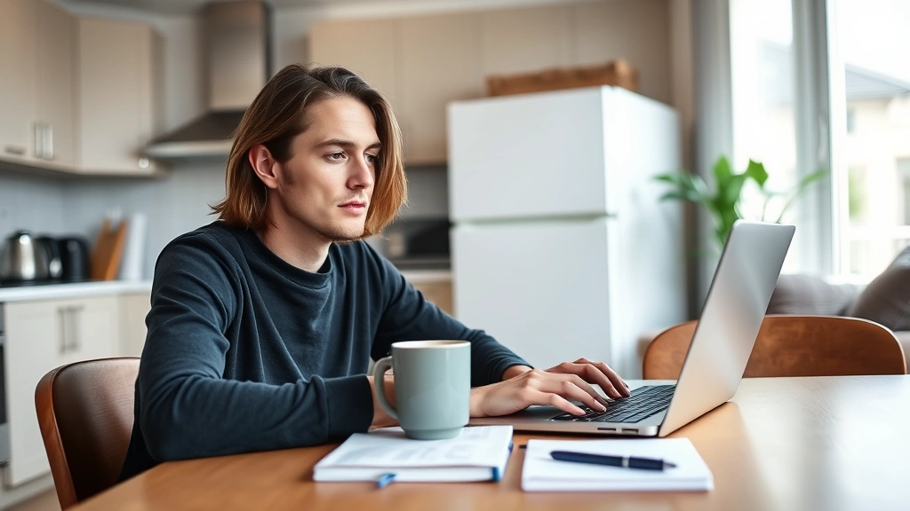 Person sitting at a kitchen table with a cup of coffee, looking at a laptop with a relaxed, determined expression, notebook and pen nearby, bright natural light, modern apartment setting