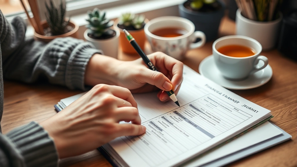 Close-up of hands writing in a financial planner or journal, colorful pen, organized desk with plants and a cup of tea, soft warm lighting, morning atmosphere