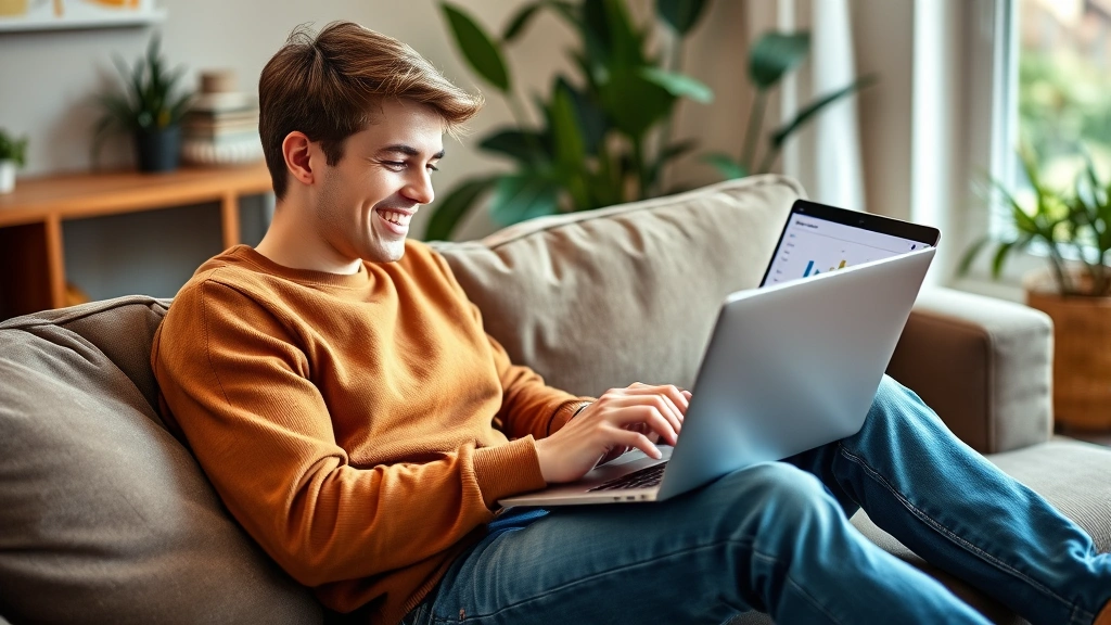 Young adult reviewing finances on a laptop while sitting on a comfortable couch, smiling with satisfaction, laptop screen showing charts and graphs (not readable), cozy living room with plants and natural light