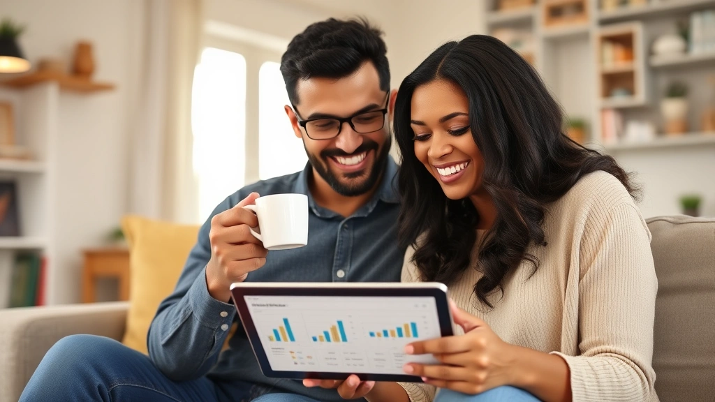 A diverse couple having coffee together while looking at a tablet showing budget charts and graphs, warm home setting, both smiling and engaged in conversation about finances