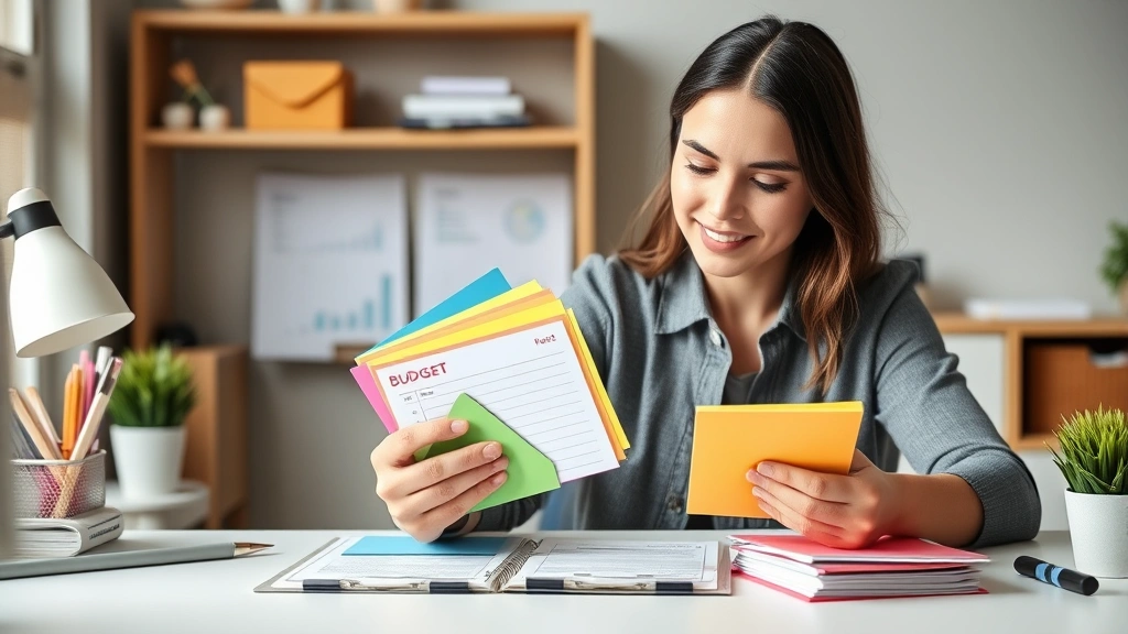 A young professional organizing colorful budget envelopes or digital money management categories on a clean desk, hands-on approach to personal finance, organized and calm atmosphere