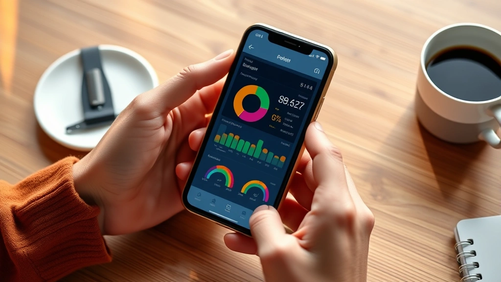 Close-up of hands holding a smartphone showing a budgeting app dashboard with colorful pie charts and spending categories, on a wooden desk with coffee cup nearby, natural daylight, photorealistic