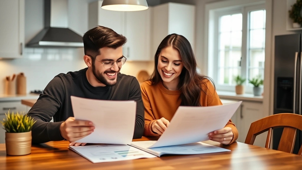 Millennial couple reviewing financial documents together at a kitchen table, smiling and pointing at papers, warm home setting, genuine moment of financial planning