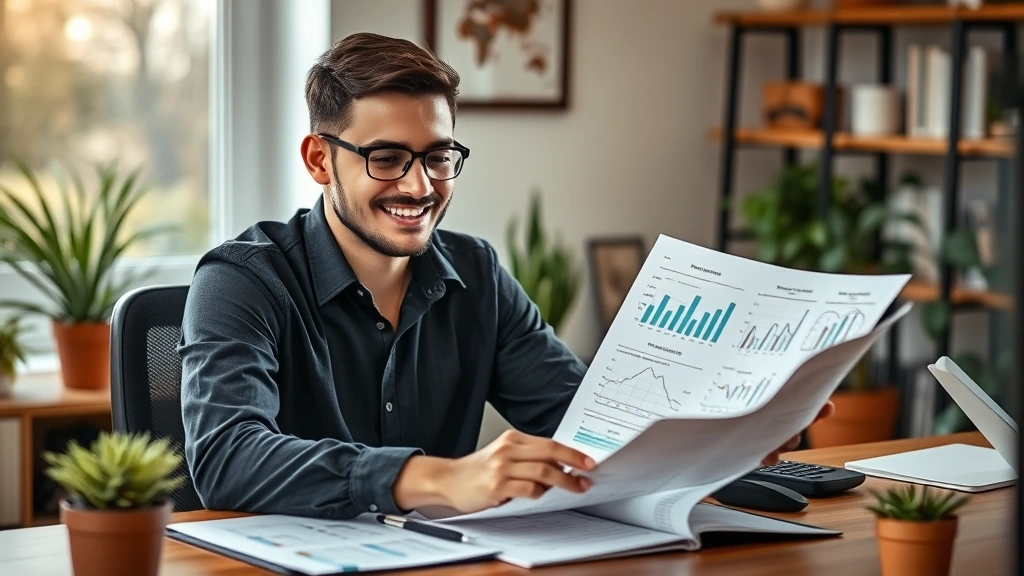 A young professional reviewing printed financial reports and charts at a home office desk, looking satisfied and organized, with plants and natural elements in background, warm tones, realistic photography
