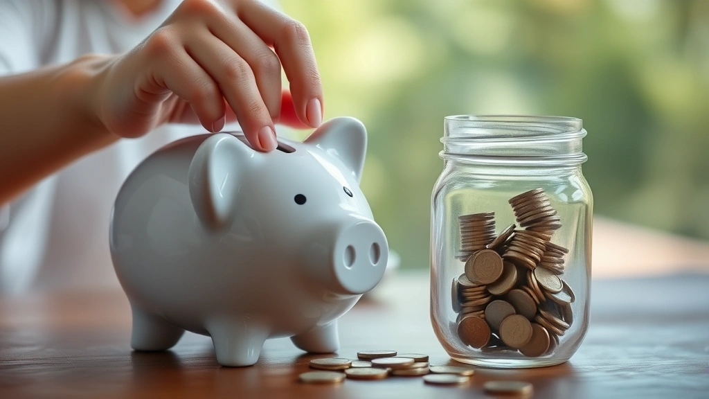 Person depositing money into a piggy bank or putting coins into a jar, close-up shot, showing the tangible act of saving, natural lighting, peaceful atmosphere