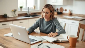 Person at a kitchen table with a laptop and notebook, reviewing budget spreadsheet with coffee nearby, natural lighting, peaceful focused expression, organized workspace with financial documents