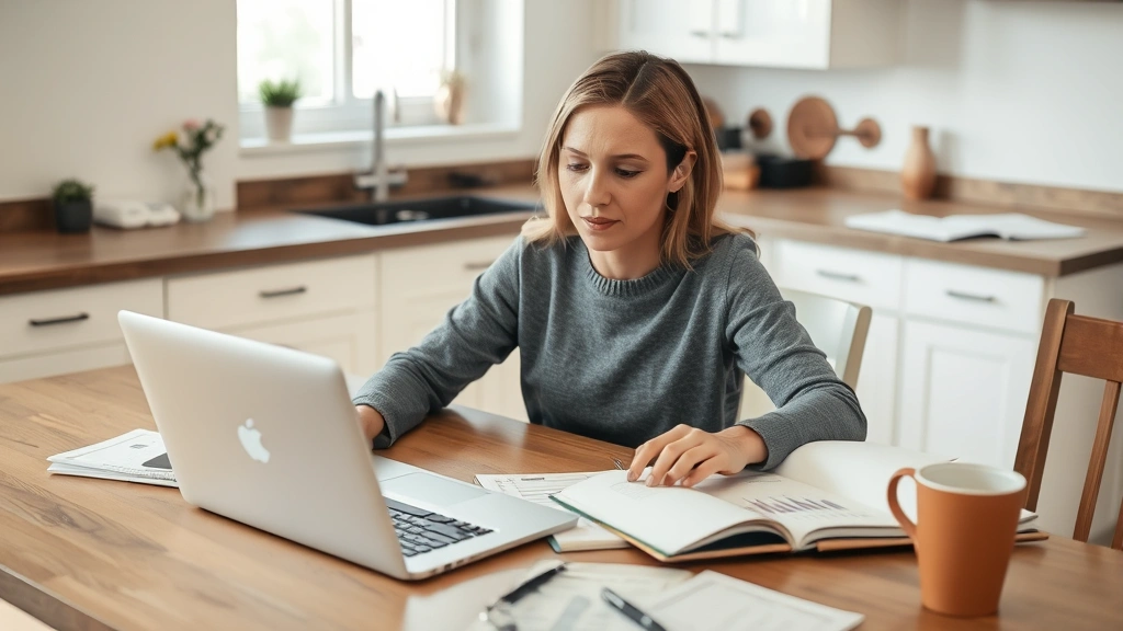 Person at a kitchen table with a laptop and notebook, reviewing budget spreadsheet with coffee nearby, natural lighting, peaceful focused expression, organized workspace with financial documents