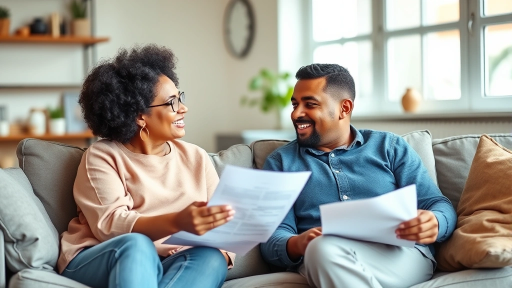 Diverse couple having a calm conversation about finances at home, sitting on couch with documents, relaxed body language, natural lighting through windows, supportive and collaborative atmosphere