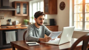 A person sitting at a kitchen table with a laptop and notebook, looking focused and calm while reviewing monthly finances, warm natural lighting, cozy home setting