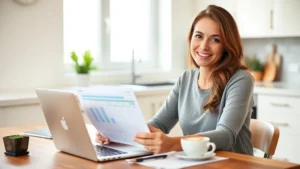 Person sitting at kitchen table with laptop and coffee, reviewing budget spreadsheet, natural morning light, relaxed confident expression, modern home setting