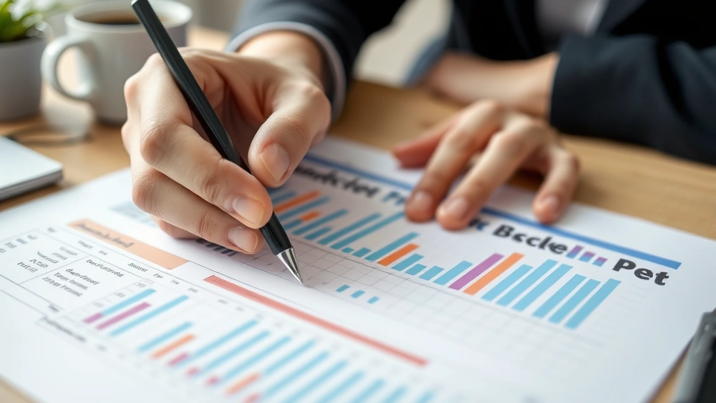 Close-up of hands holding a pen over a budget spreadsheet or planning document, coffee cup nearby, organized and peaceful workspace