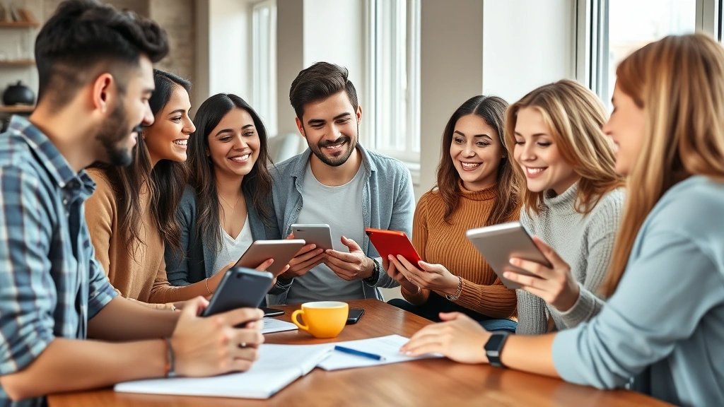 Diverse group of young adults having casual discussion over coffee, holding notebooks and phones, collaborative financial planning, warm friendly atmosphere, natural lighting