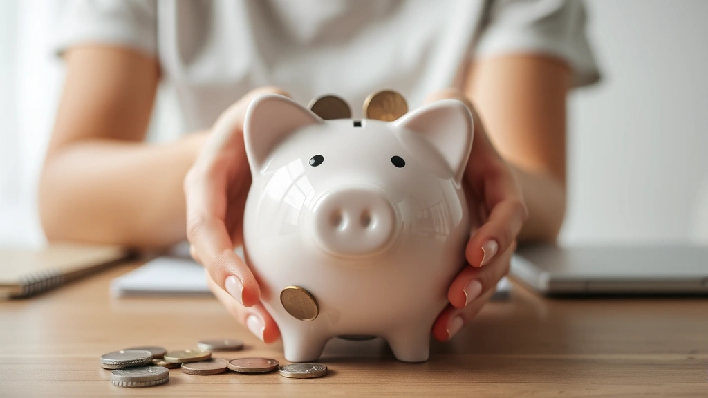 Close-up of hands holding piggy bank and coins, saving money concept, modern minimalist workspace, soft natural lighting, clear focus on savings jar