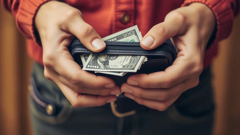 Close-up of hands holding a wallet with some cash visible, person in casual clothing, warm neutral tones, representing financial awareness and control