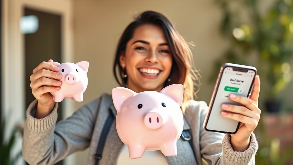 A person celebrating with a smile, holding a piggy bank or looking at a positive bank balance notification on their phone, genuine happiness, bright natural lighting