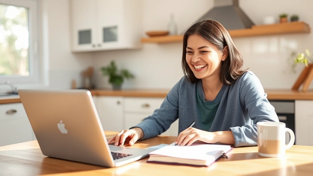 Person sitting at a bright kitchen table with a laptop and notepad, smiling while reviewing monthly finances, natural daylight streaming in, coffee mug nearby, relaxed and confident expression