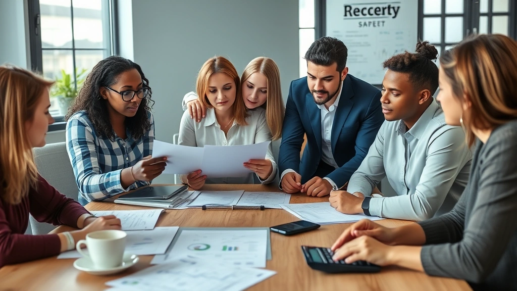 A diverse group of people reviewing documents and having a planning meeting around a table with coffee cups and a calculator visible, collaborative and professional atmosphere.