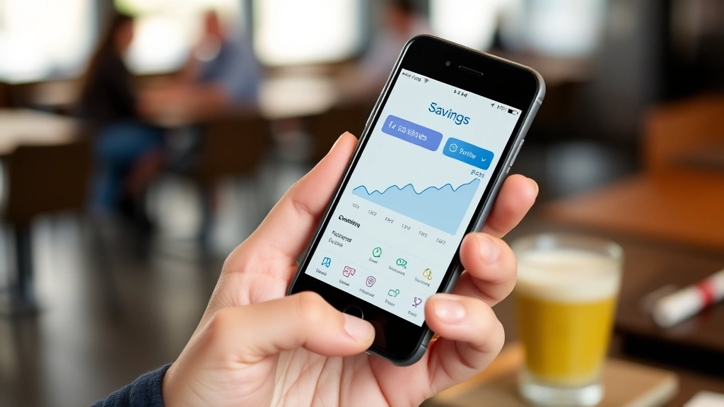 A mobile phone displaying a savings app with upward trending graphs, held in someone's hand with a blurred background of a coffee shop or casual setting, showing financial progress and growth.