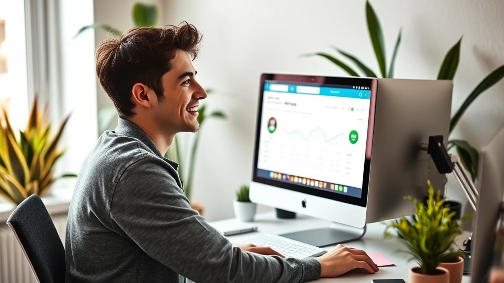 Young adult at home office looking at computer screen showing budget dashboard, comfortable setting with plants in background, satisfied expression, modern workspace aesthetic