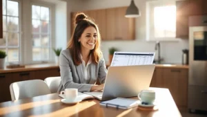 Professional woman sitting at a modern kitchen table with a laptop, coffee cup, and notebook, smiling while reviewing a budget spreadsheet on her screen. Sunlight streaming through windows. Warm, encouraging atmosphere.