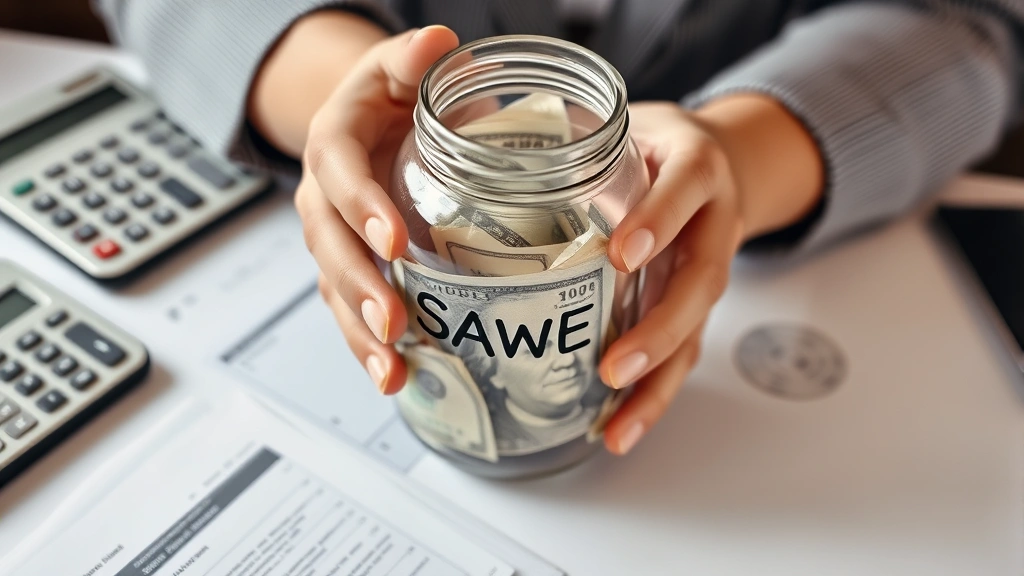 Close-up of hands holding a physical savings jar with cash inside, sitting on a desk next to a calculator and financial planning documents. Realistic, tangible representation of saving money. Soft natural lighting.