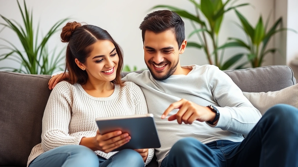 Young couple sitting together on a couch looking at a tablet, both smiling and discussing finances. Relaxed home environment with plants in background. Shows financial planning as a positive, shared experience.