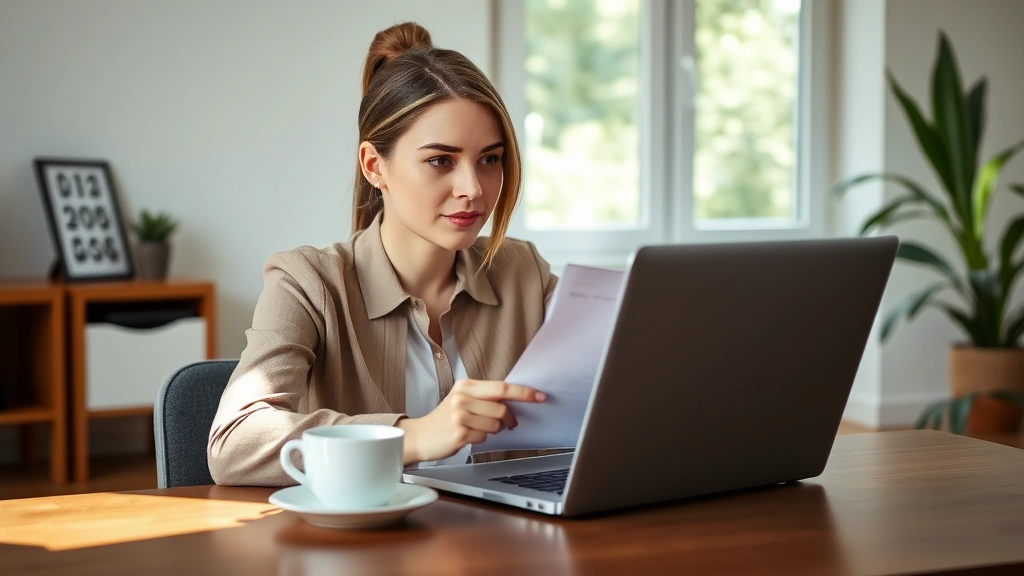 Professional woman reviewing monthly budget on laptop at home desk with coffee, calm and focused expression, natural lighting