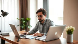 Person sitting at home desk with laptop and notebook, reviewing budget spreadsheet and financial documents, warm natural lighting, focused expression, modern minimalist workspace