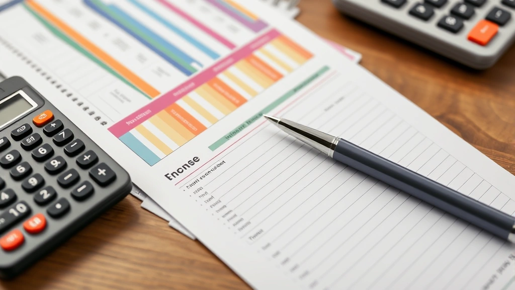 Close-up of colorful budget planner with pen, expense tracker sheets, and calculator on wooden desk with notebook