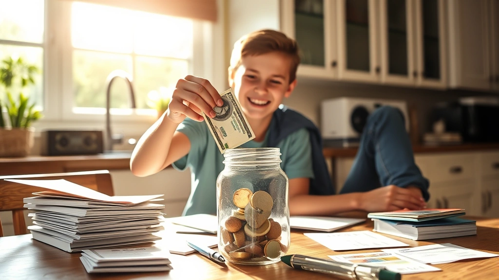 Young adult depositing cash into a clear savings jar on kitchen table, surrounded by budgeting materials, sunlight streaming through window, hopeful expression