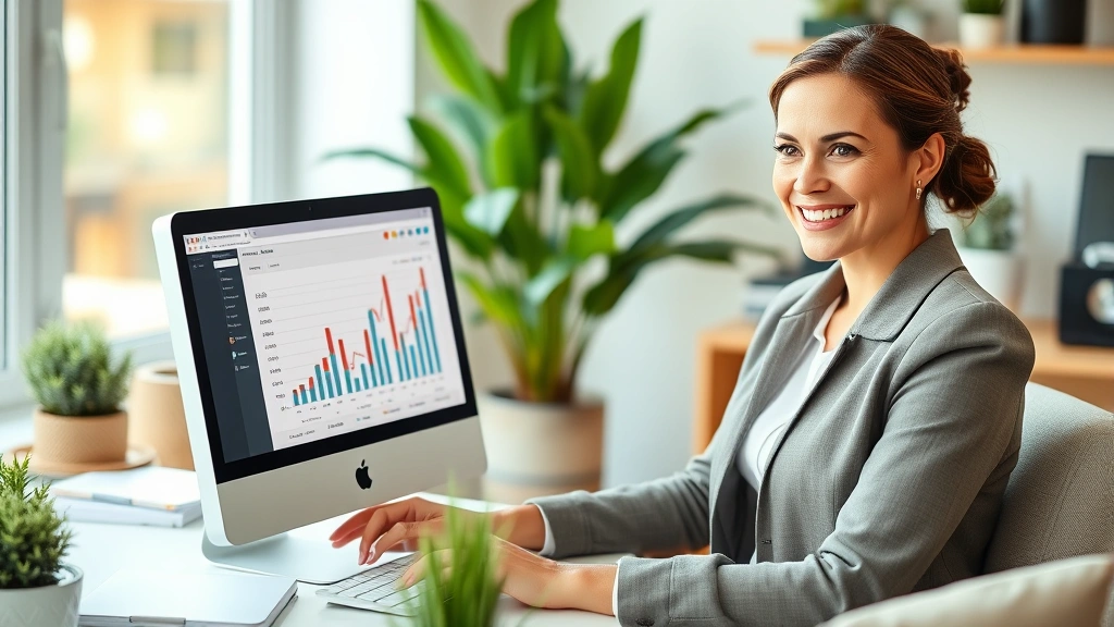 Professional woman reviewing investment portfolio on computer, sitting in comfortable home office, confident smile, plants and organized desk in background